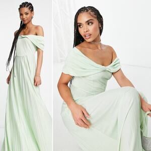 Whimsical Fairy Romantic Garden Twist Off Shoulder Pleated Maxi Dress Sage 8 NEW